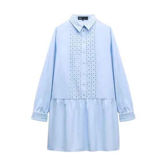 Zara Light Blue Eyelet Shirt Dress Size XS - Picture 1 of 8